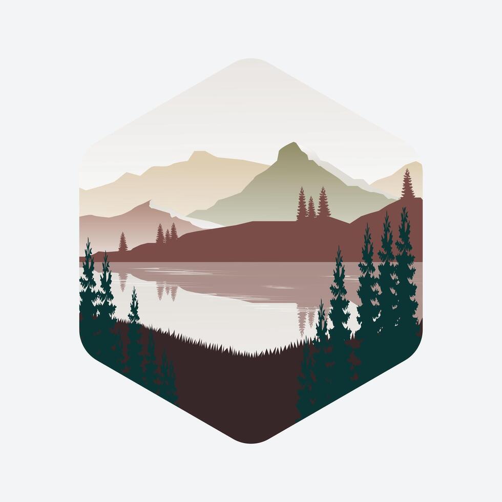 A winter landscape with mountains, trees, and a sunset sky over a serene scene with hills, and a forest silhouette. decoration template vector