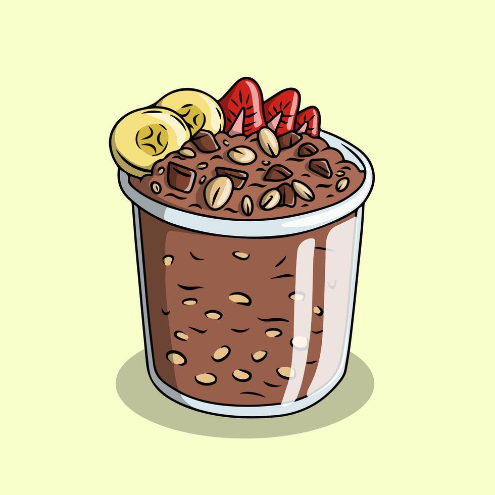 Healthy Overnight Chocolate Oatmeal with Strawberry and Banana vector