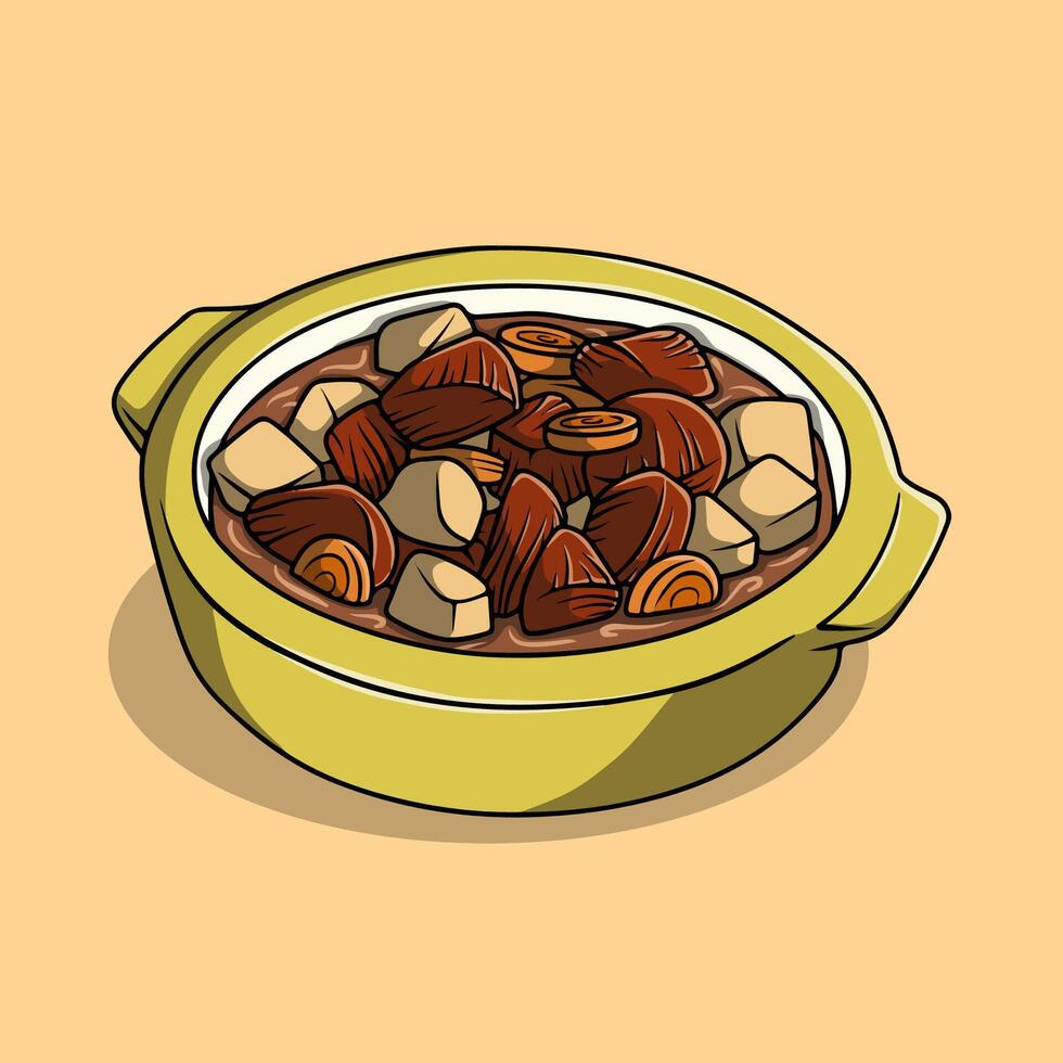 Delicious stew beef goulash in yellow casserole vector
