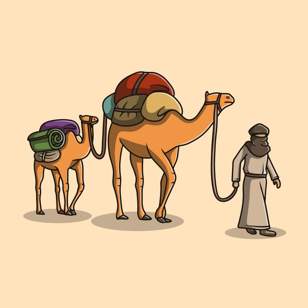 Two hijrah camels wearing saddles being pulled by Arab travelers. vector