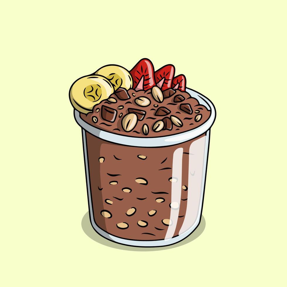 Healthy Overnight Chocolate Oatmeal with Strawberry, Banana, and Seed vector