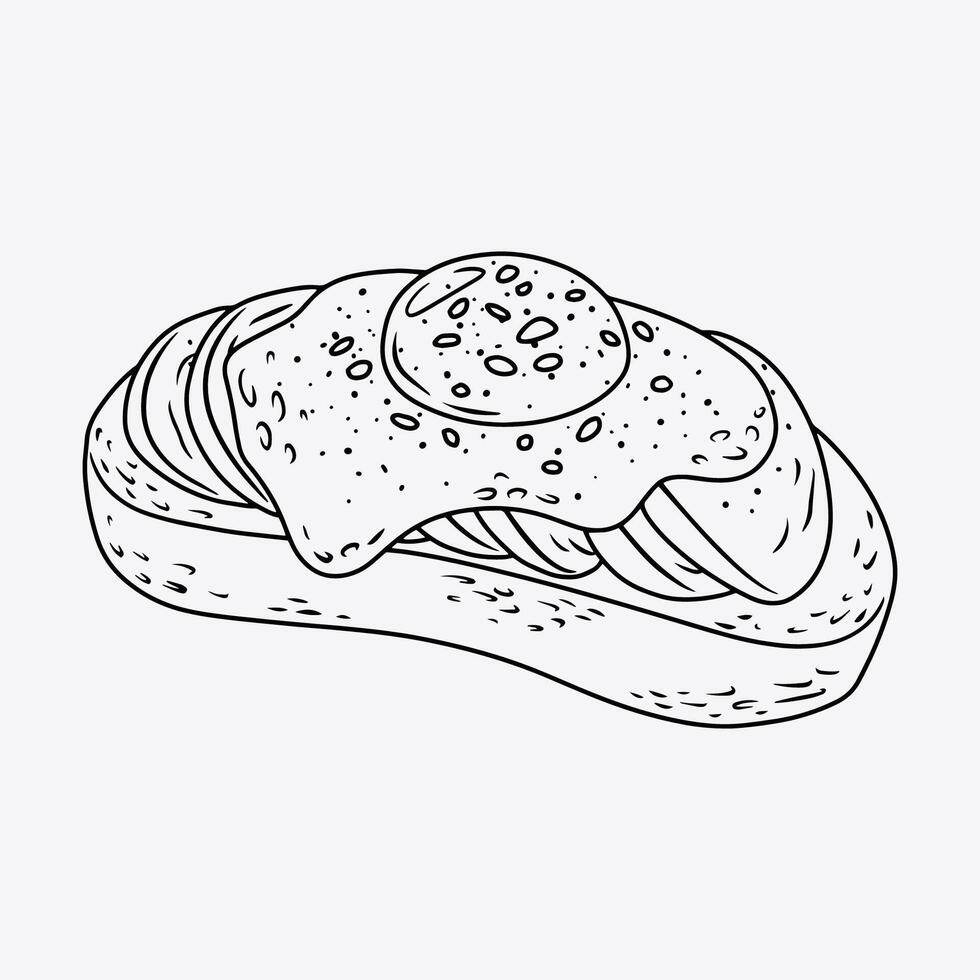 Delicious Avocado Toast with Fried Egg. Thin Line Illustration. vector