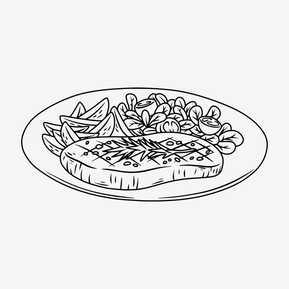 Grilled Steak with Potatoes and Veggies. Thin Line Illustration. vector
