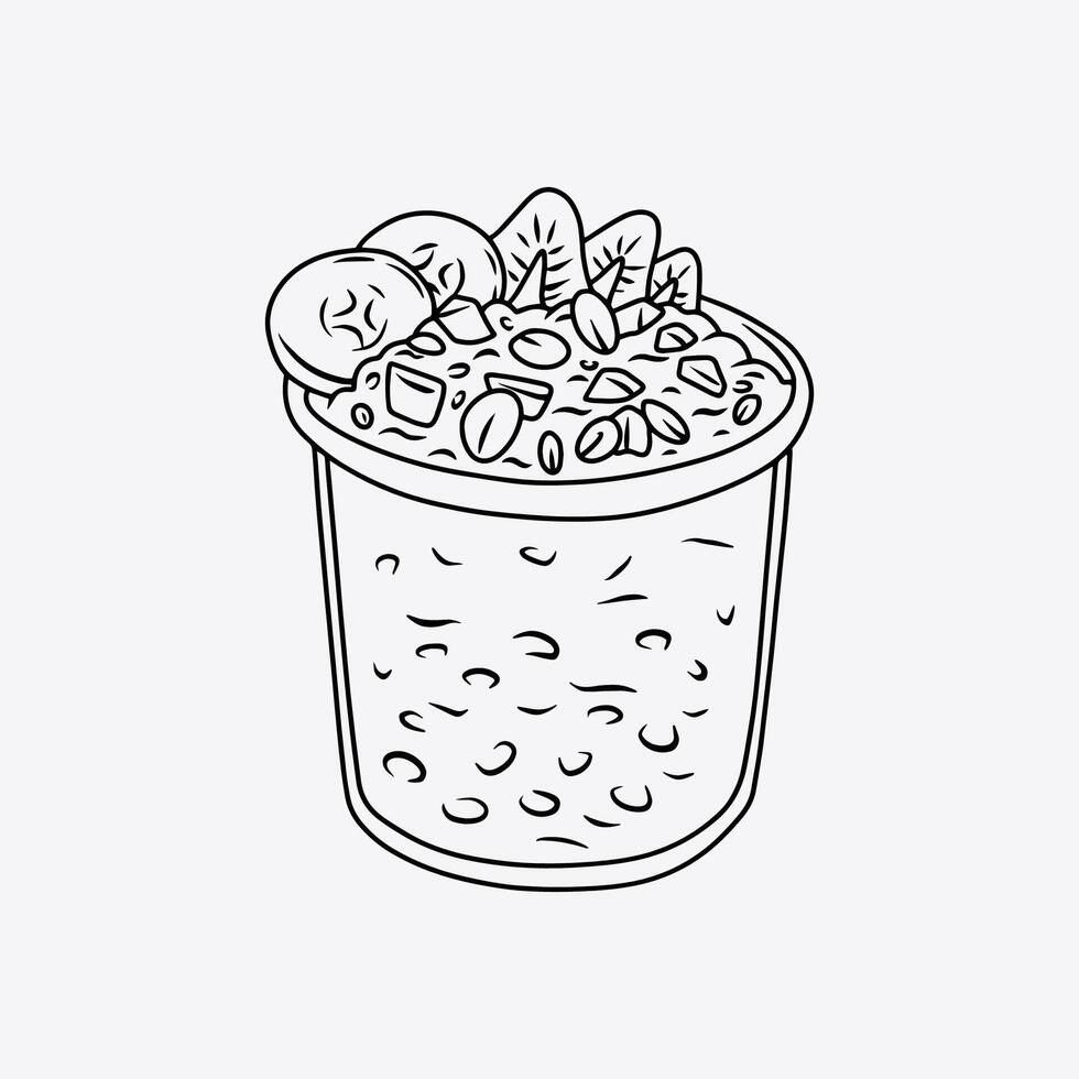 Healthy Overnight Oatmeal with Strawberry, Banana, and Seed. Thin Line Illustration. vector