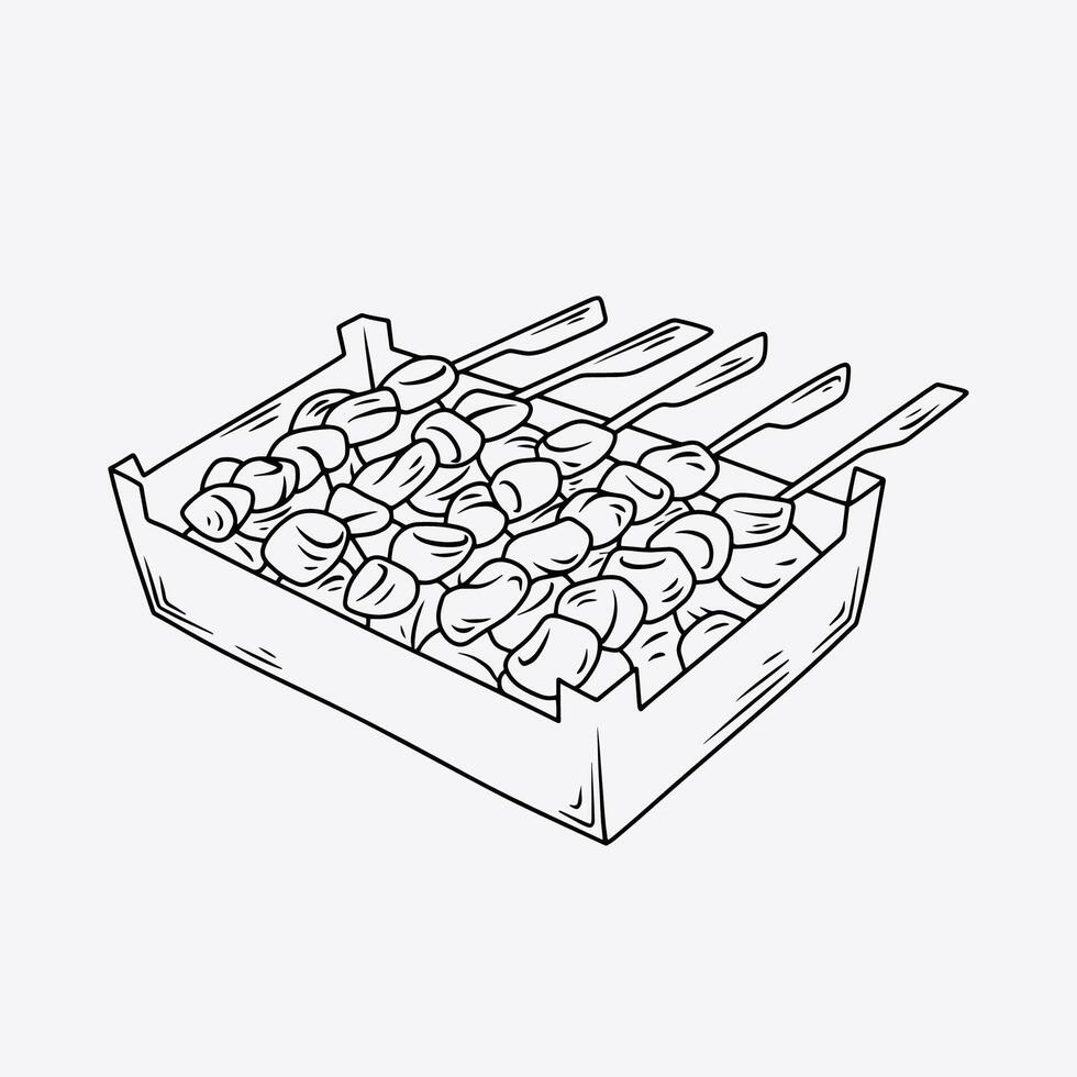 Grilled Chicken Satay Skewers on Fireplace. Thin Line Illustration. vector