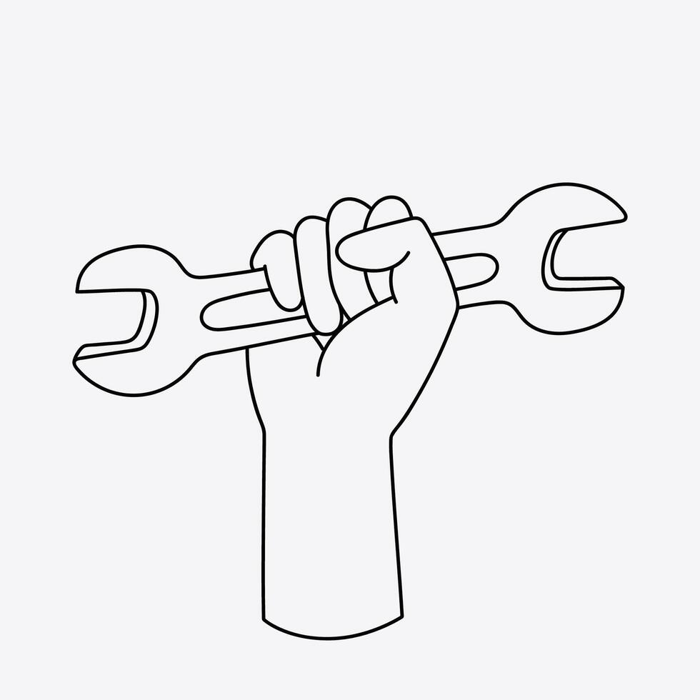 Hand holding a wrench. Symbol of labor day. Thin line illustration. vector