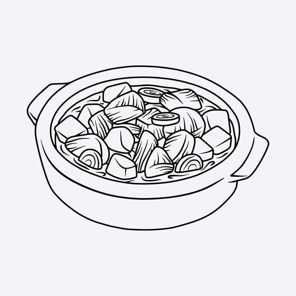 Delicious stew beef goulash in yellow casserole. Thin line illustration. vector