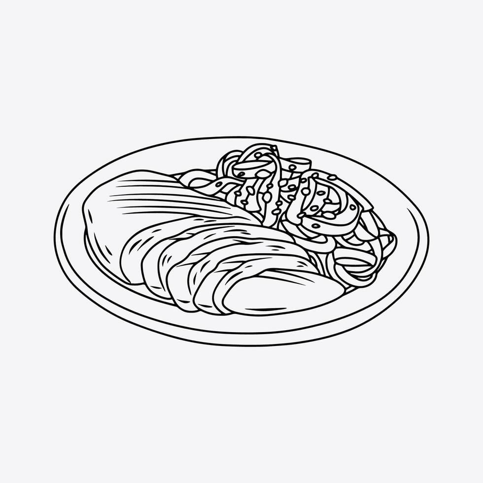 Delicious Grilled Chicken with Pasta. Thin Line Illustration. vector