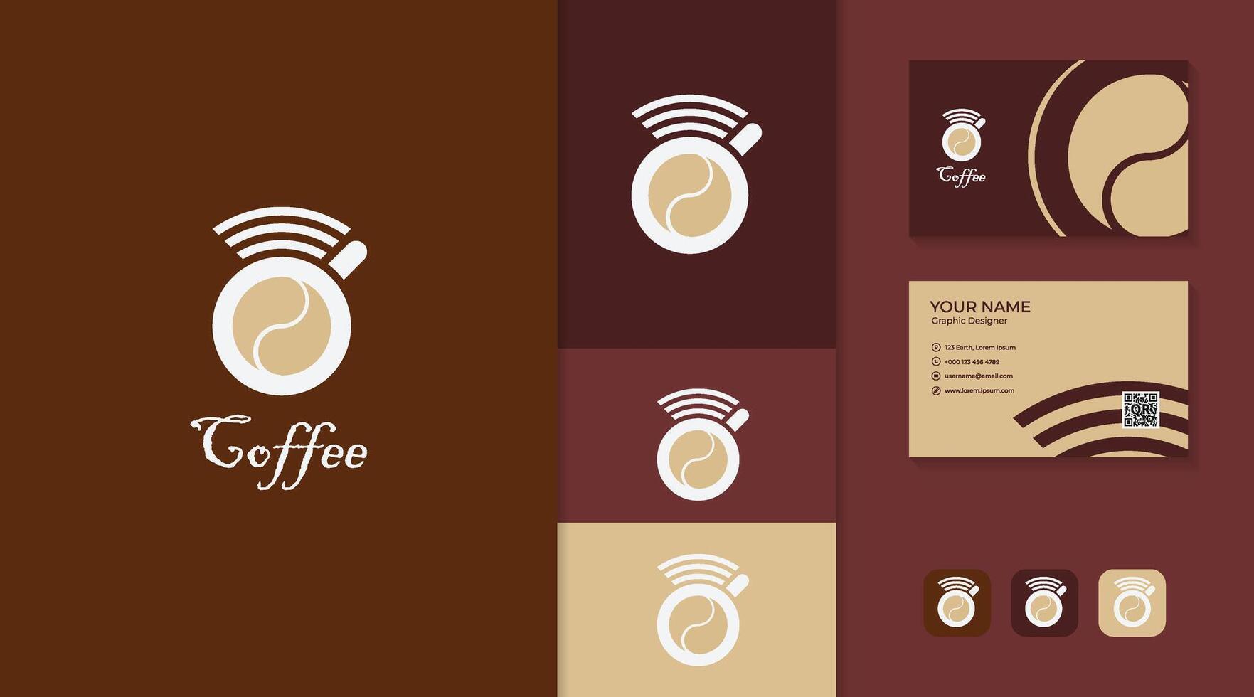 Design logos include business cards, a logo with a glass and coffee beans, suitable for coffee brands, cafes and others vector