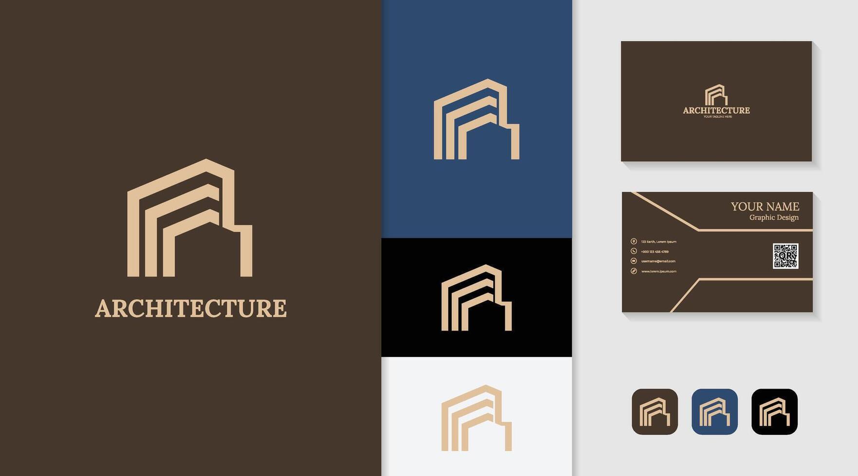 Design logos include business cards, a logo for an architecture company, real estate, and the like vector