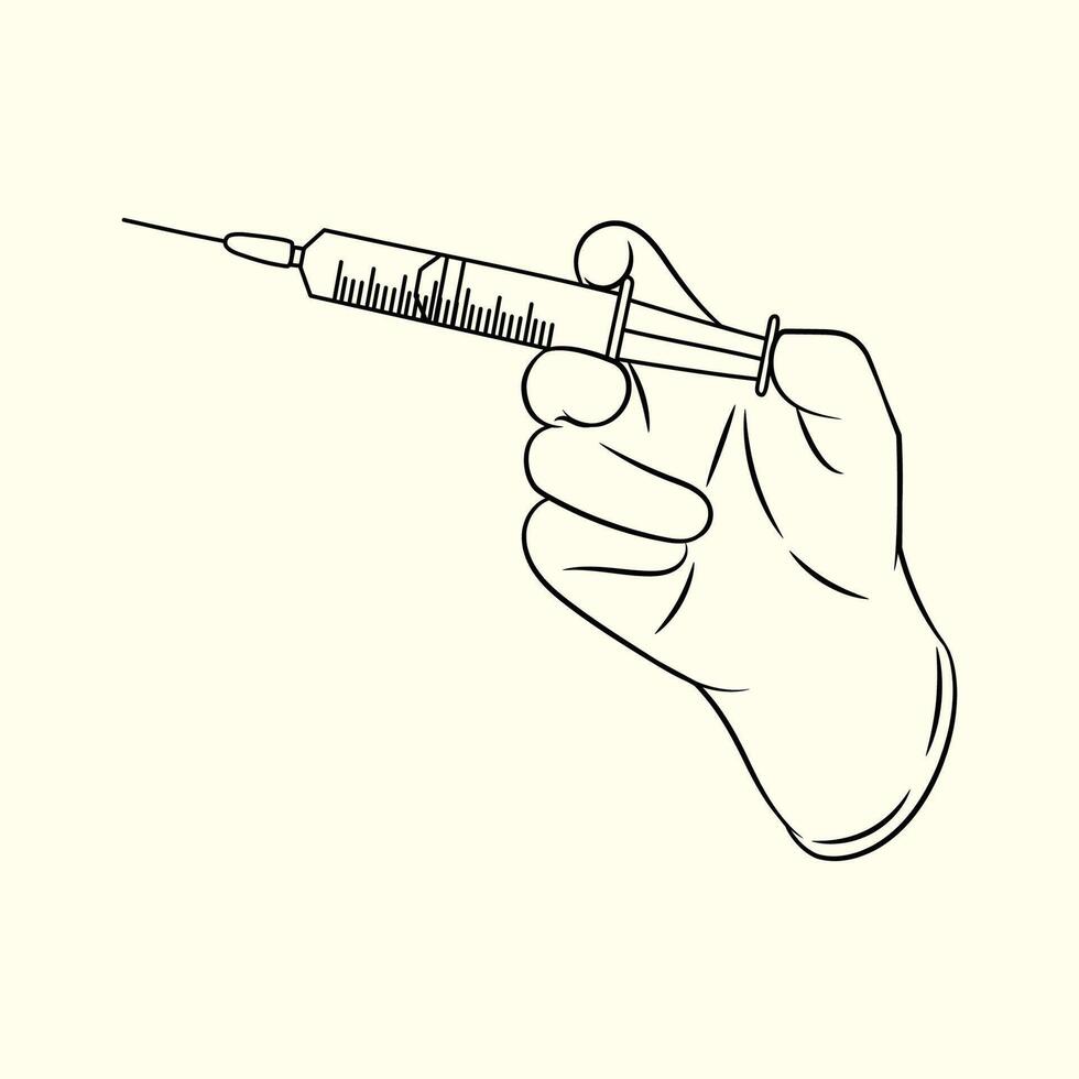 Hand in Medical Gloves Injecting a Syringe. Thin line illustration vector