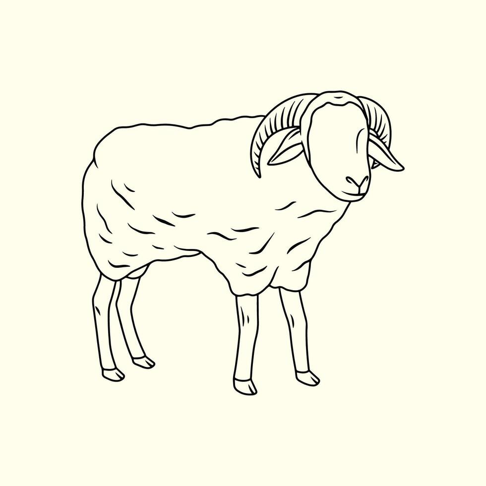 Wooly Sheep with Horns Standing. Thin line illustration. vector