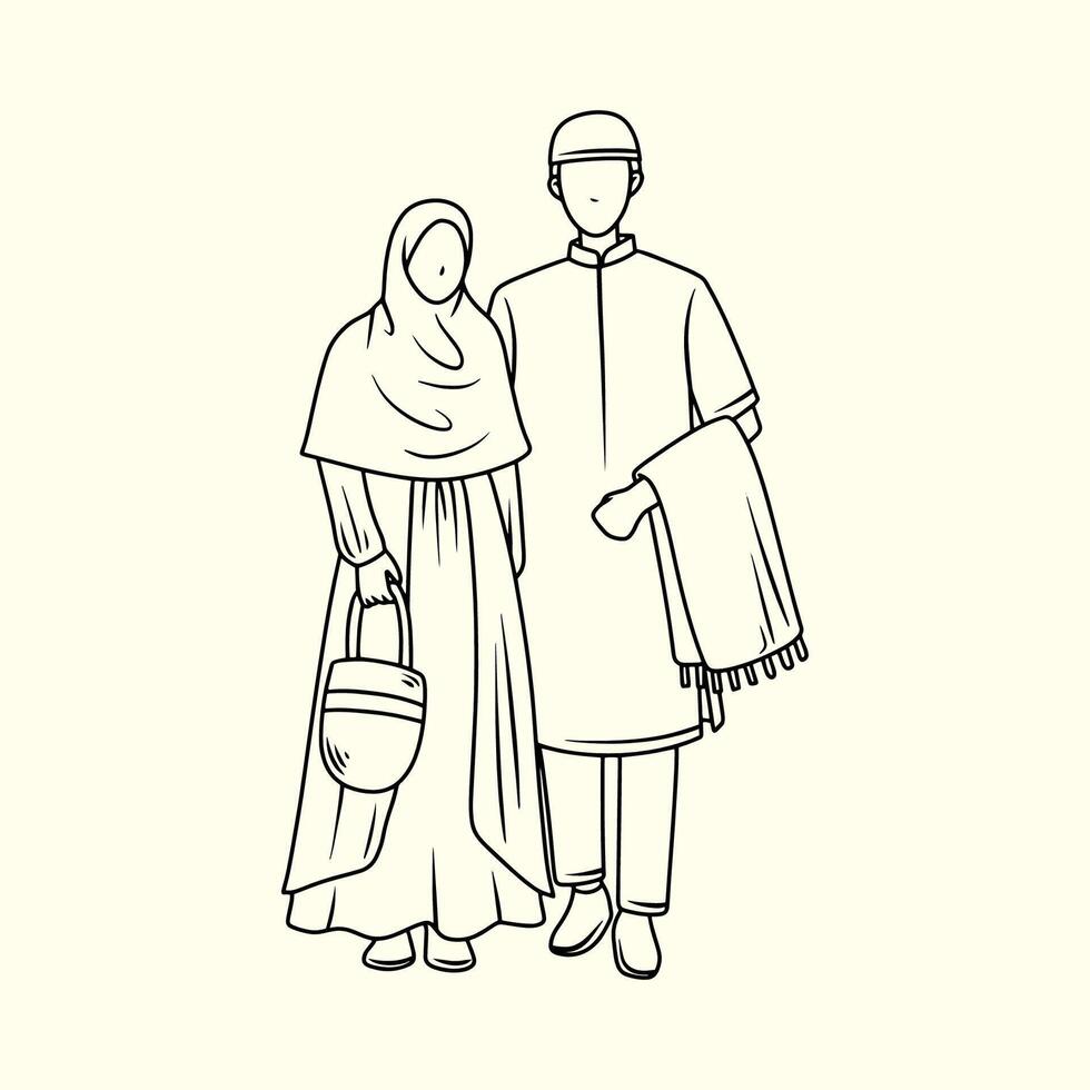 A married couple wearing Muslim couple clothes. Thin line illustration. vector