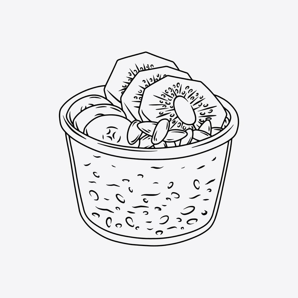 Healthy Overnight Oatmeal with Kiwi, Banana, and Seed. Thin Line Illustration. vector