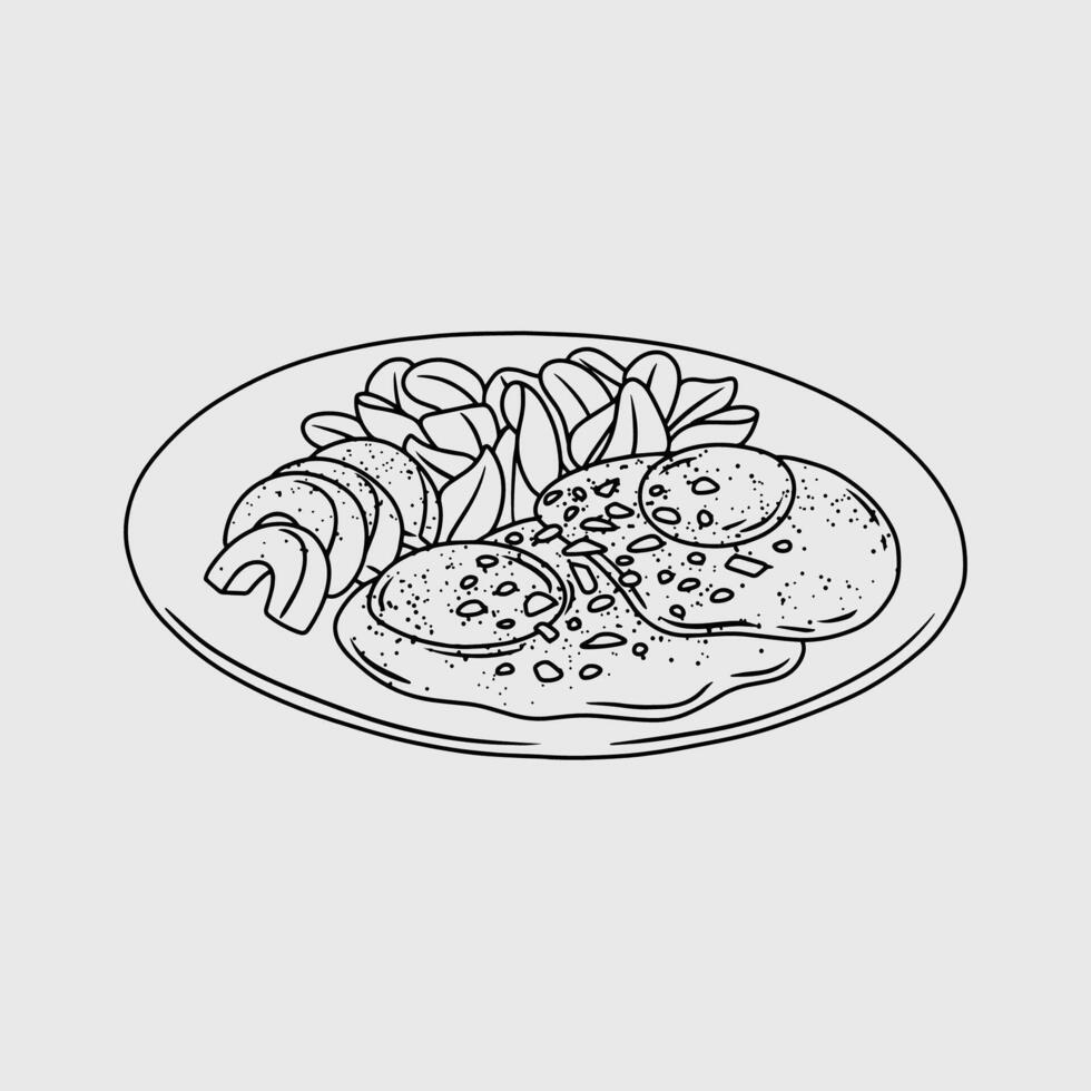 Breakfast plate with eggs, avocado, and spinach. Thin line illustration. vector