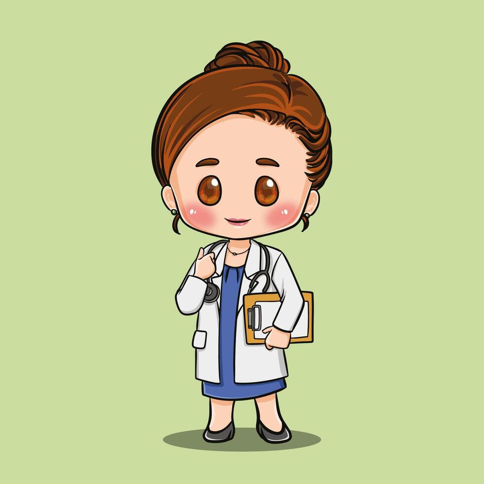 Beautiful young female doctor cartoon illustration in chibi style vector