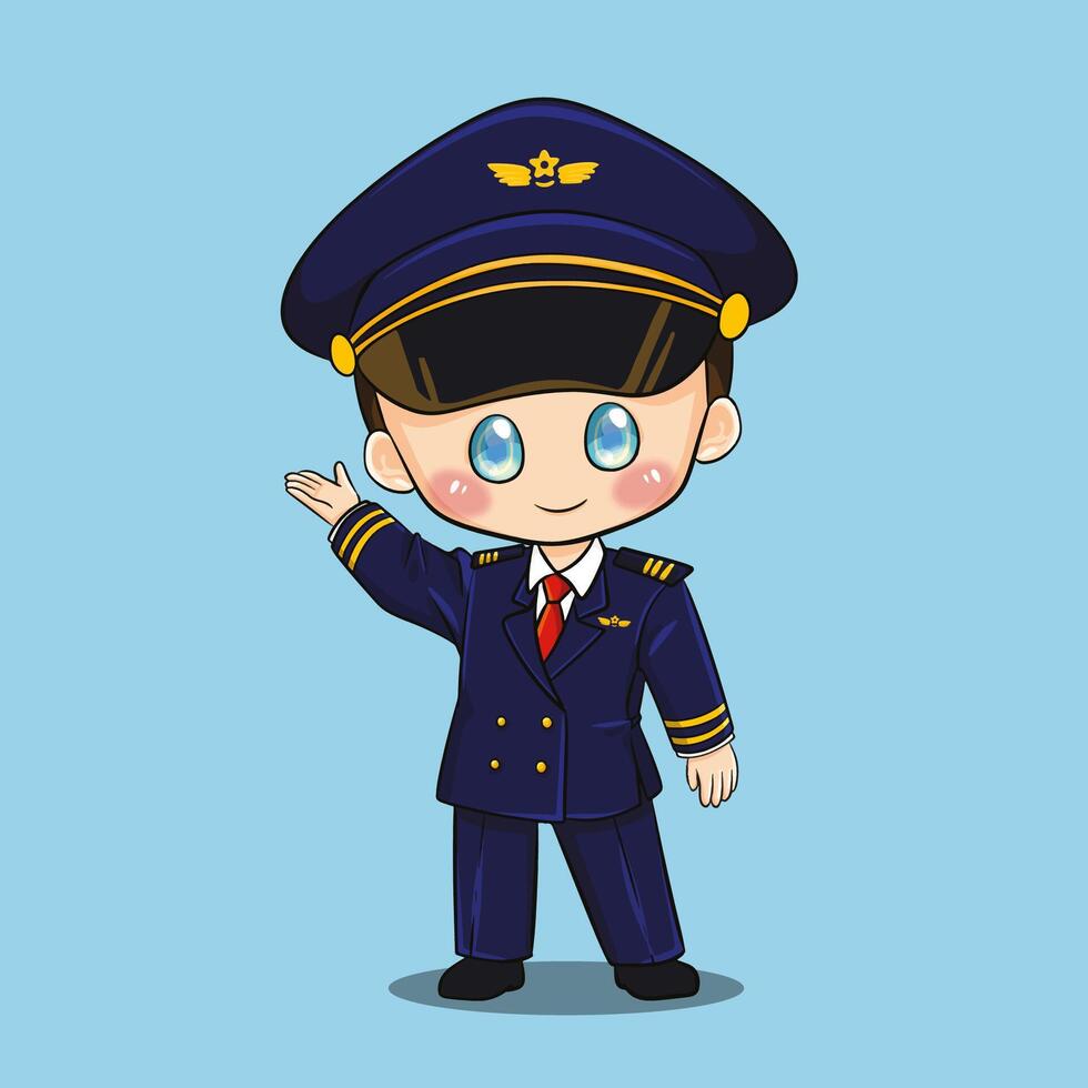 Handsome young airplane pilot cartoon illustration in chibi style vector