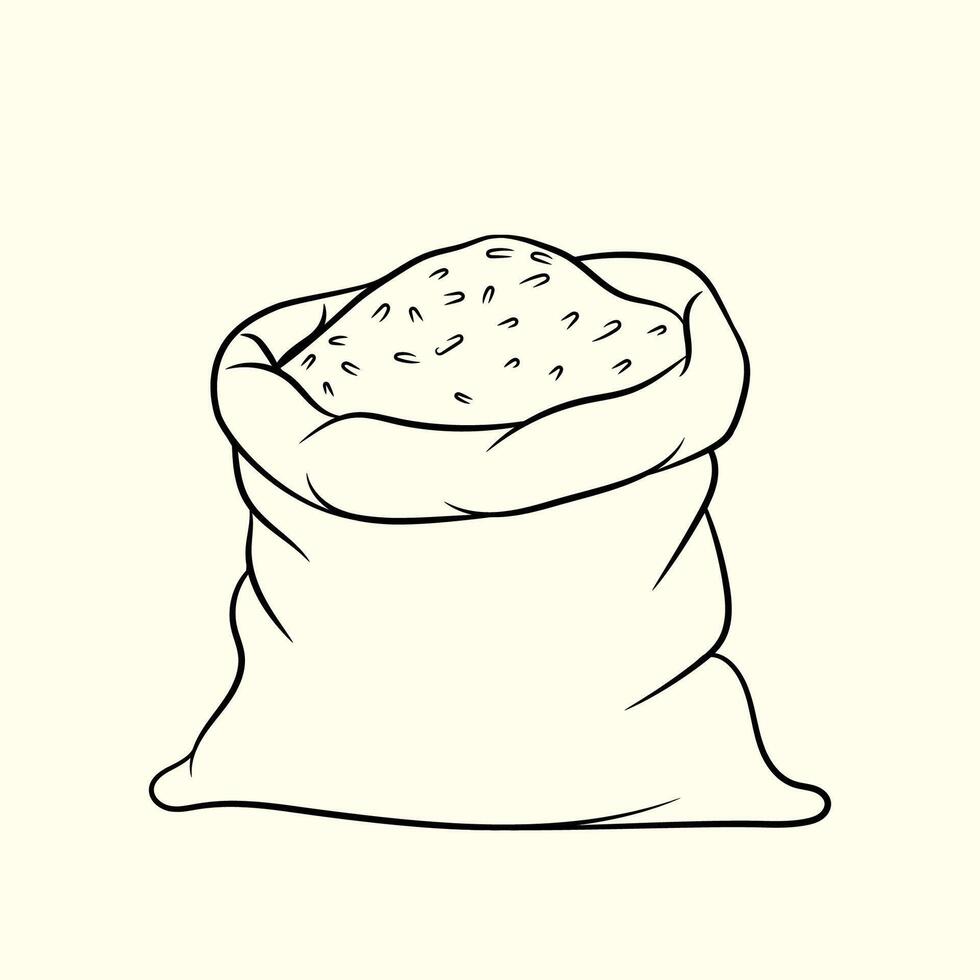 Lots of Rice in Hemp Bag. Thin line illustration. vector