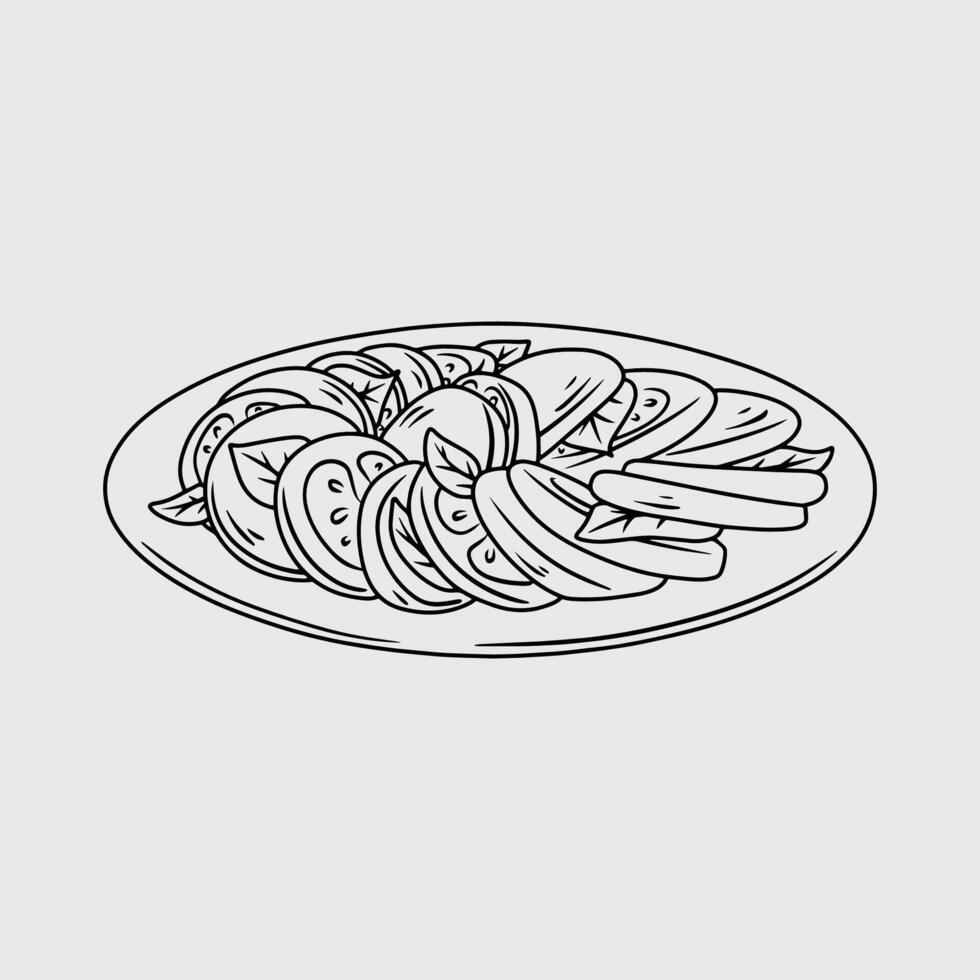Caprese salad on a plate. Thin line illustration. vector