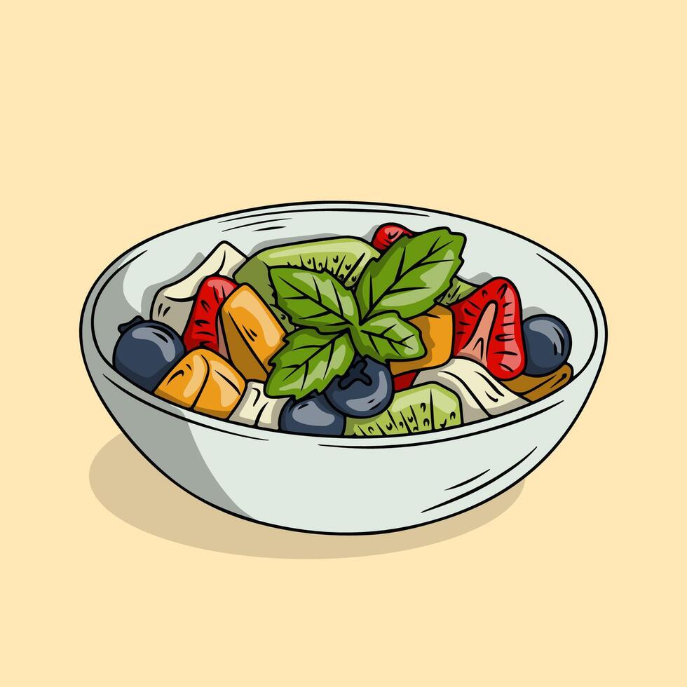 Delicious and Healthy Fruit Salad in a Bowl with Fresh Mint vector