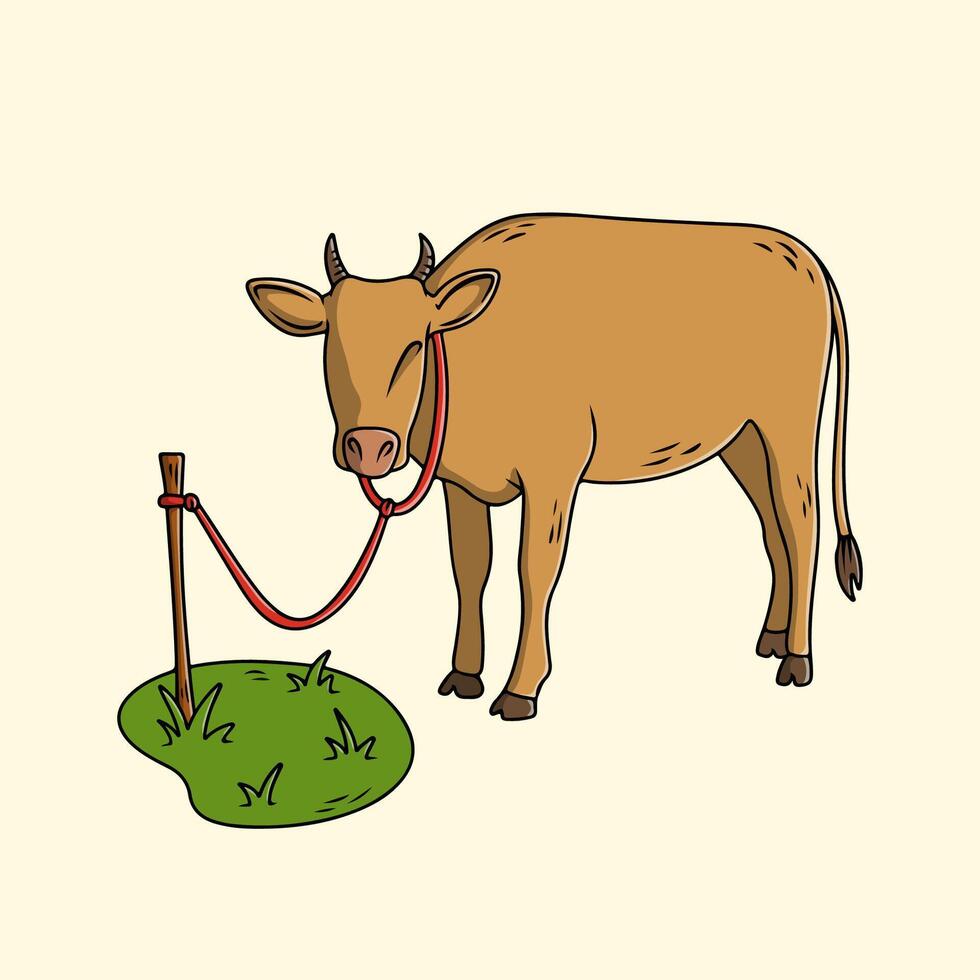 Brown Cow Tethered in the Pasture vector