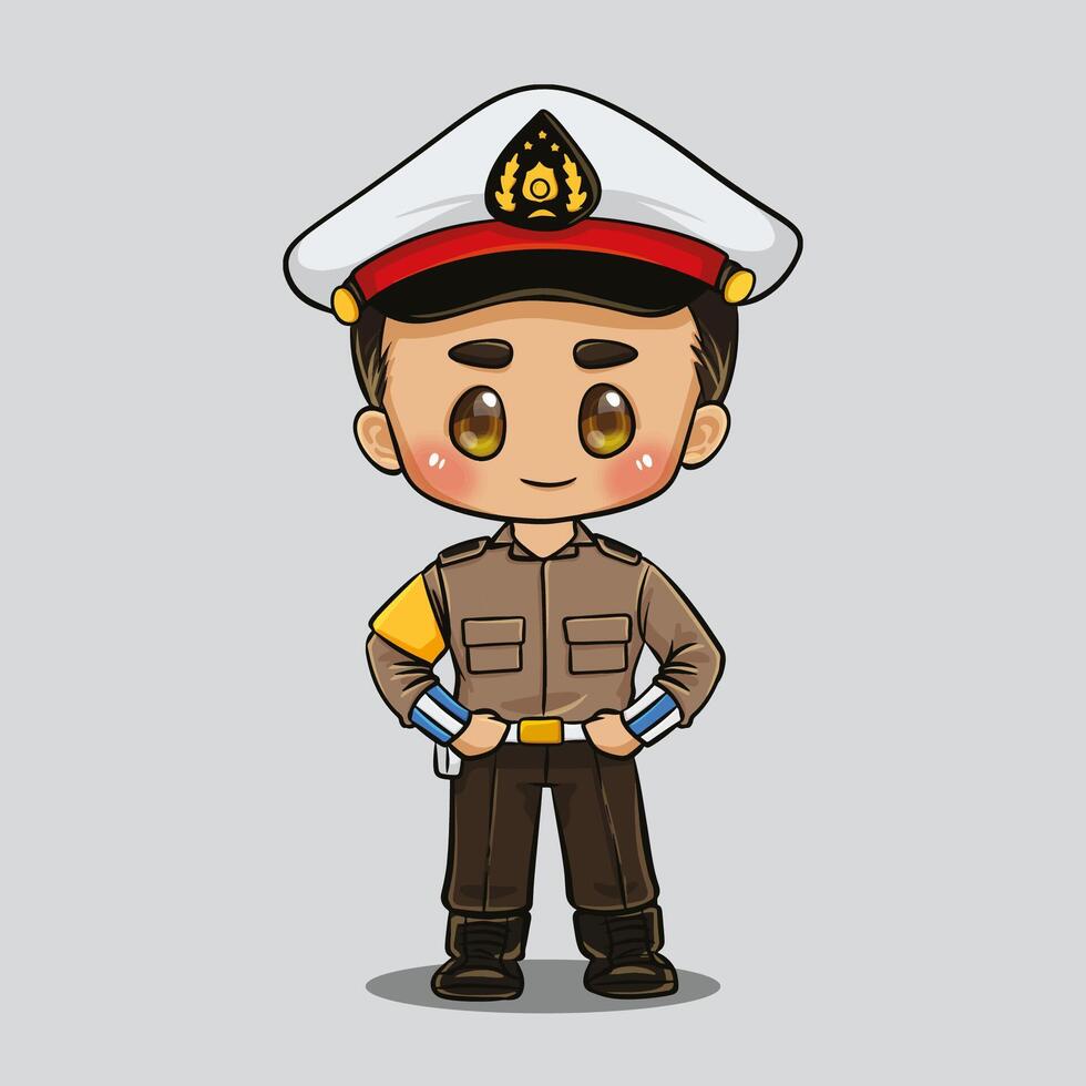 Handsome young indonesian police cartoon illustration in chibi style vector