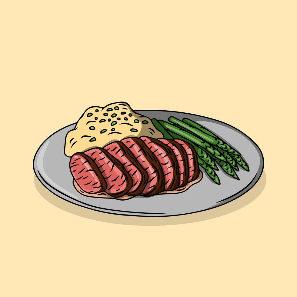A delicious meal of steak, asparagus and mashed potatoes on a plate. vector