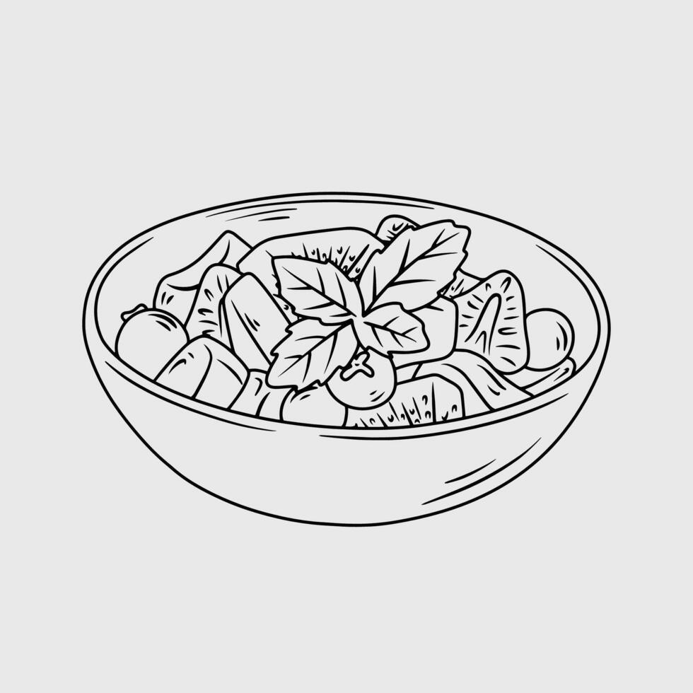 Delicious and Healthy Fruit Salad in a Bowl. Thin line illustration. vector