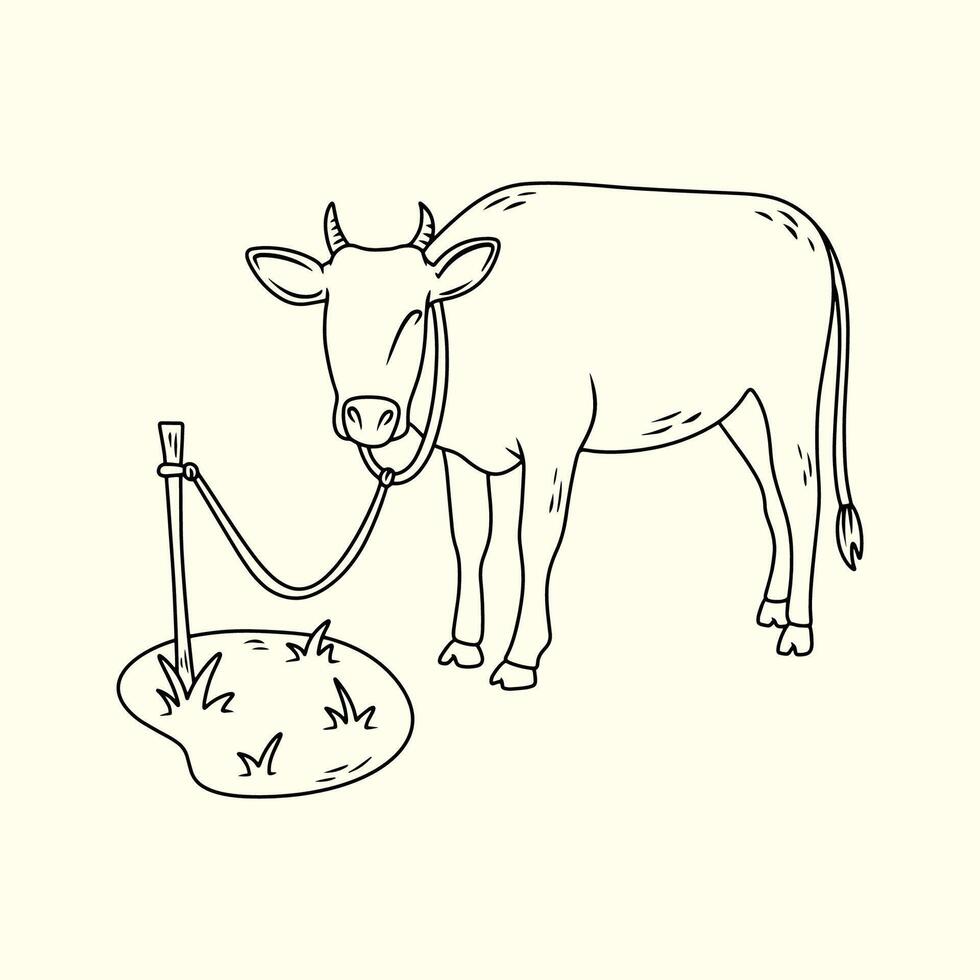 Cow Tethered in the Pasture. Thin line illustration. vector