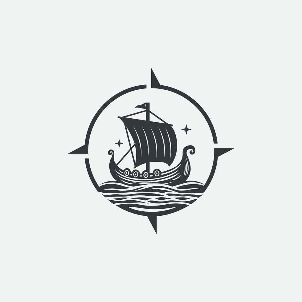 Viking ship with a compass for adventure, exploration, and navigation logo design vector
