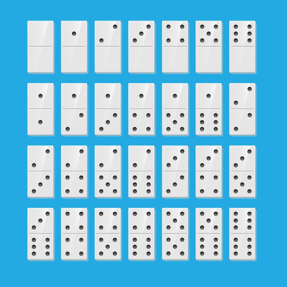 A Full set of white dominoes with shadows on a blue background. Complete double-six set vector