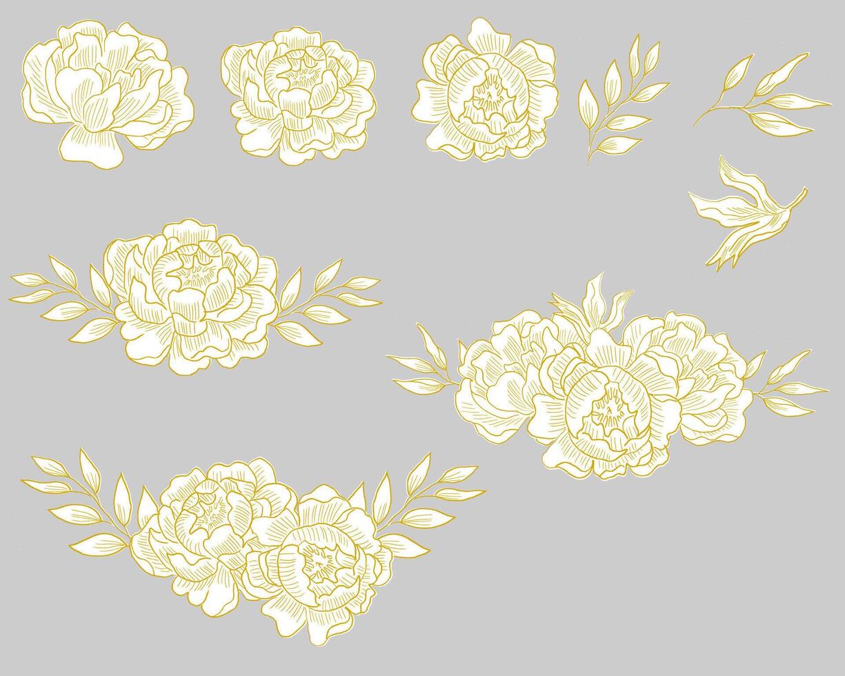 Hand Drawn Gold Peony Set vector