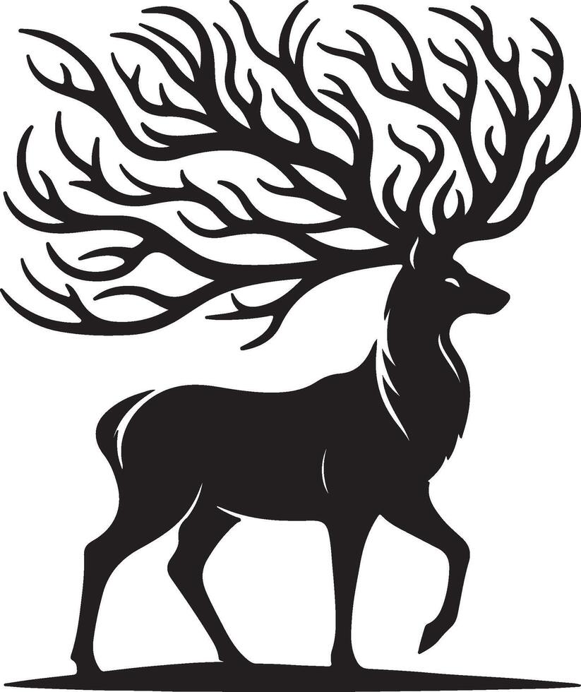 A black and white silhouette of a deer with branches vector