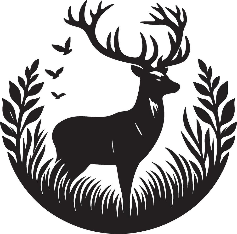 a black and white deer silhouette with grass and butterflies vector