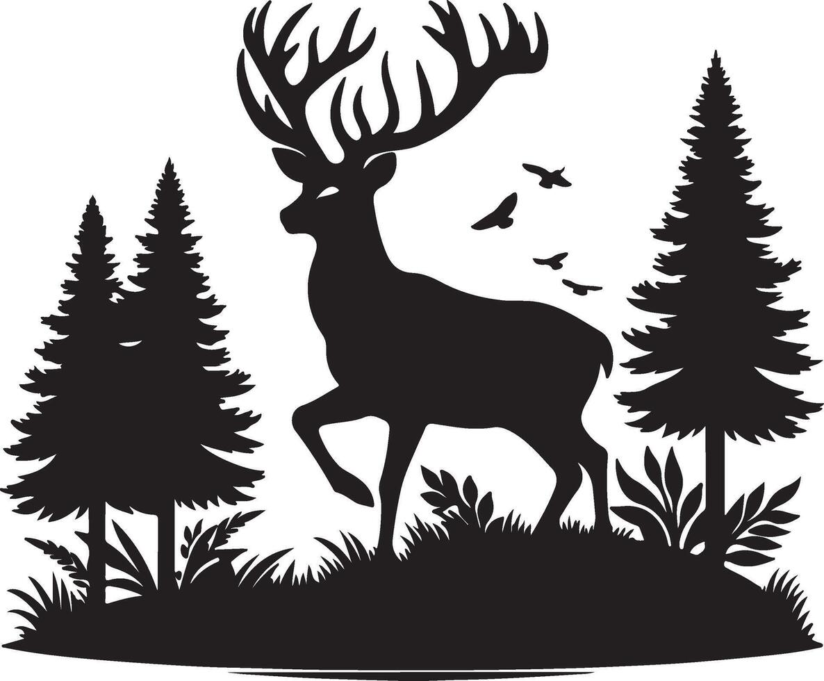 Silhouette of a deer in the forest with trees and birds vector