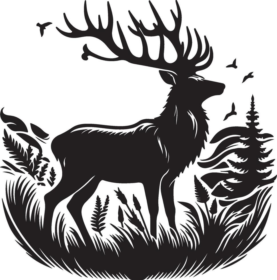 A black and white illustration of a deer in the forest vector