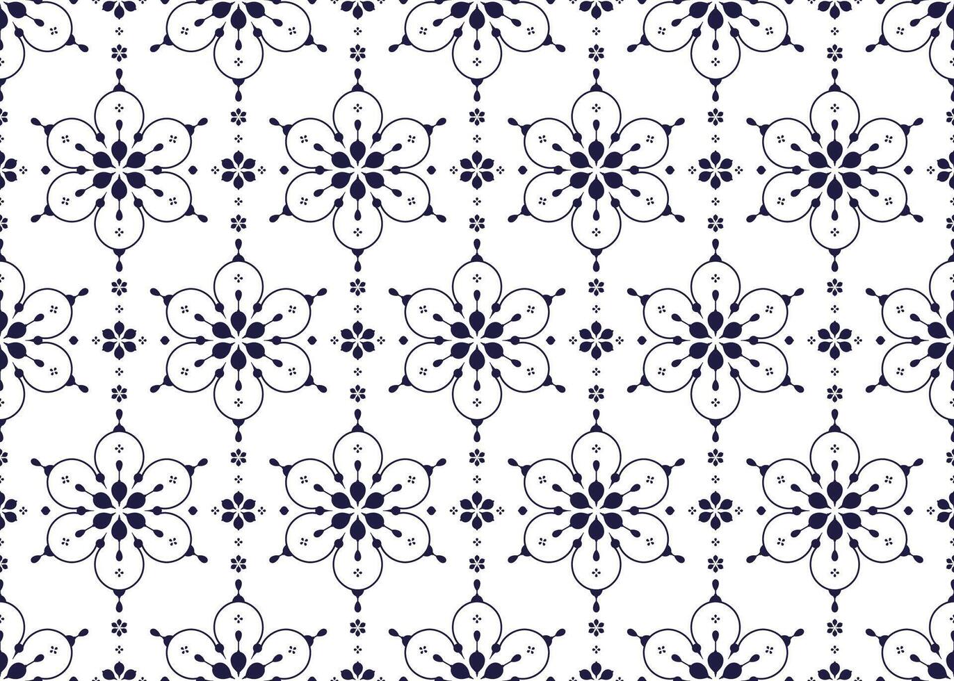 Seamless pattern with decorative floral ornament. Blue and white background, ethnic fabric seamless pattern, design for cloth, carpet, batik, wallpaper, wrapping etc. vector