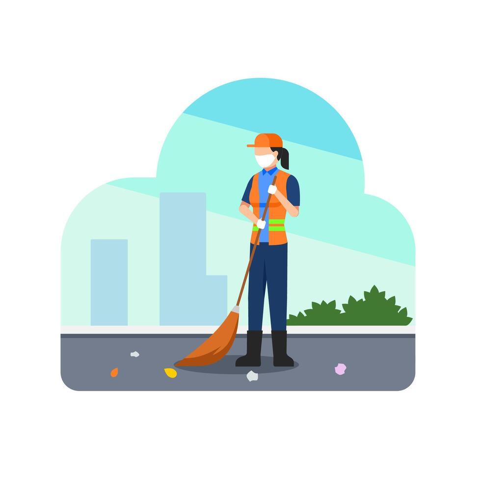 female worker or janitor sweeping and cleaning litter and leaves vector