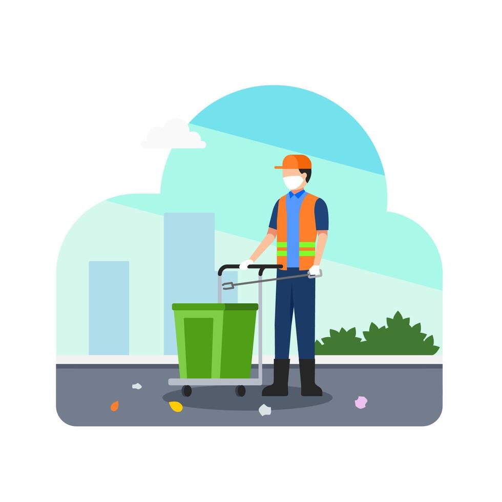 garbage worker or janitor and cleaning litter and leaves vector