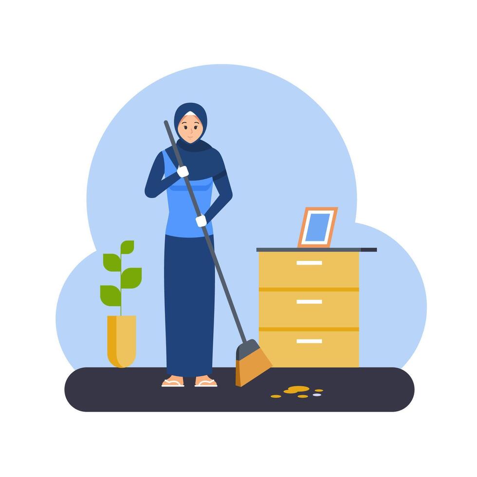 Muslim women are sweeping the room with a broom. Housewives wearing hijab cleaning the house vector