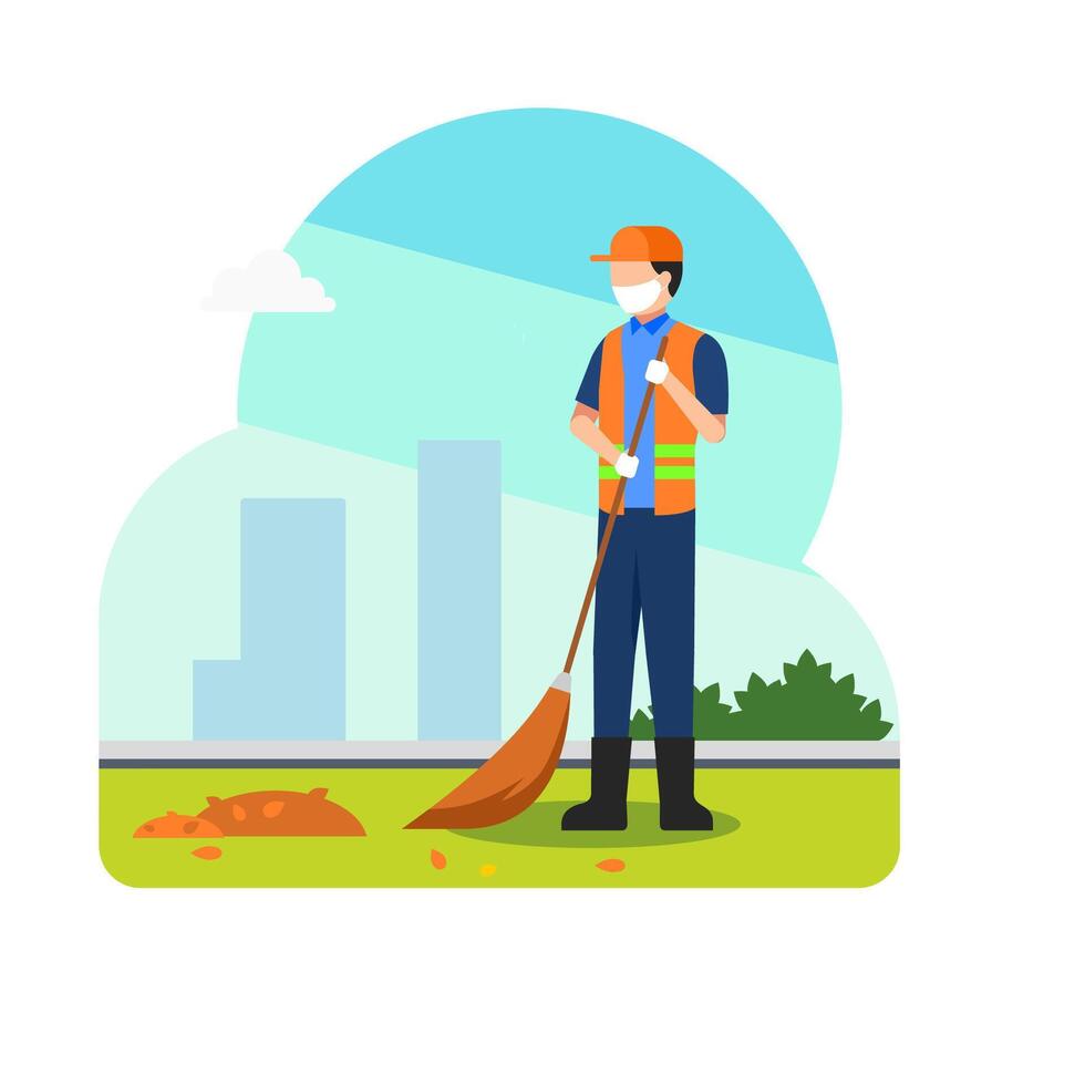 janitor sweeping and cleaning litter and leaves vector