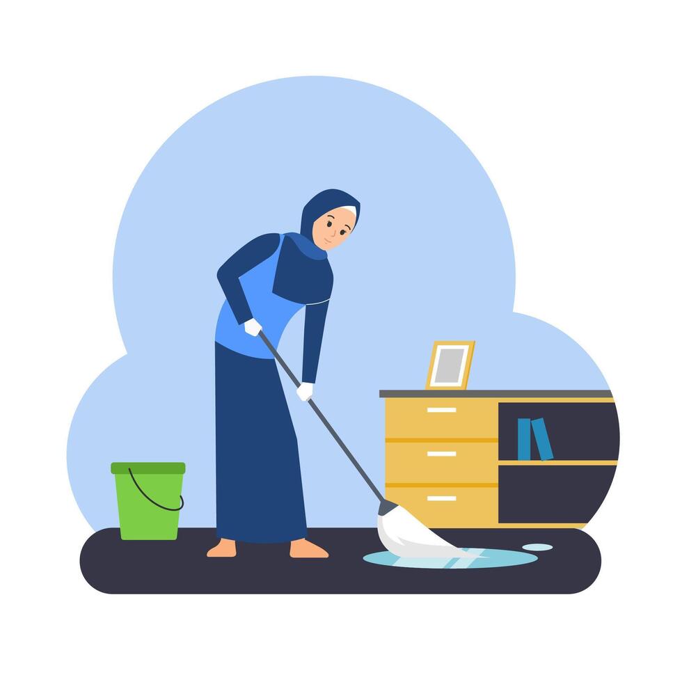 Muslim women are cleaning the room with a mop. Housewives wearing hijab cleaning the house vector