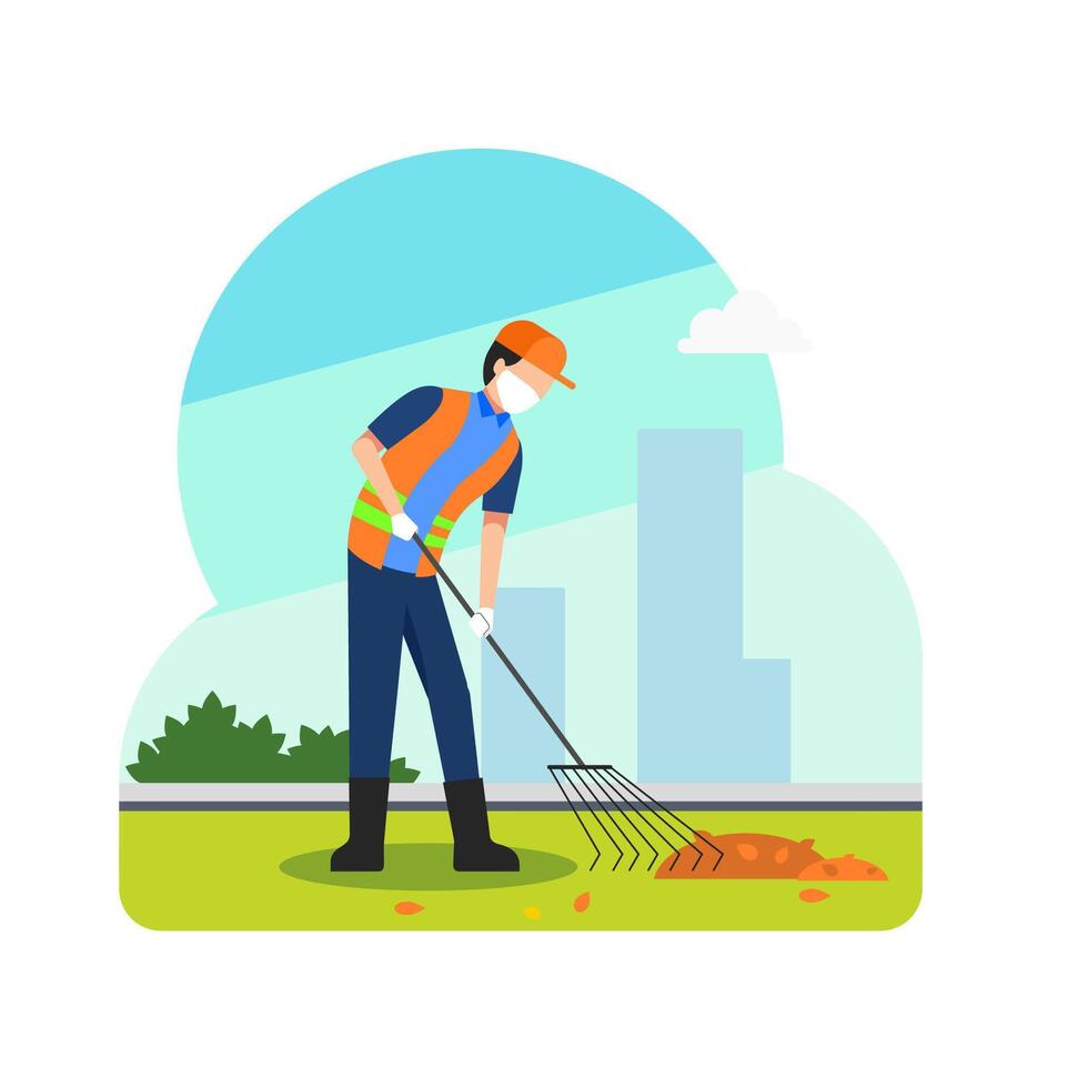 cleaner or janitor sweeping and cleaning litter and leaves in park vector