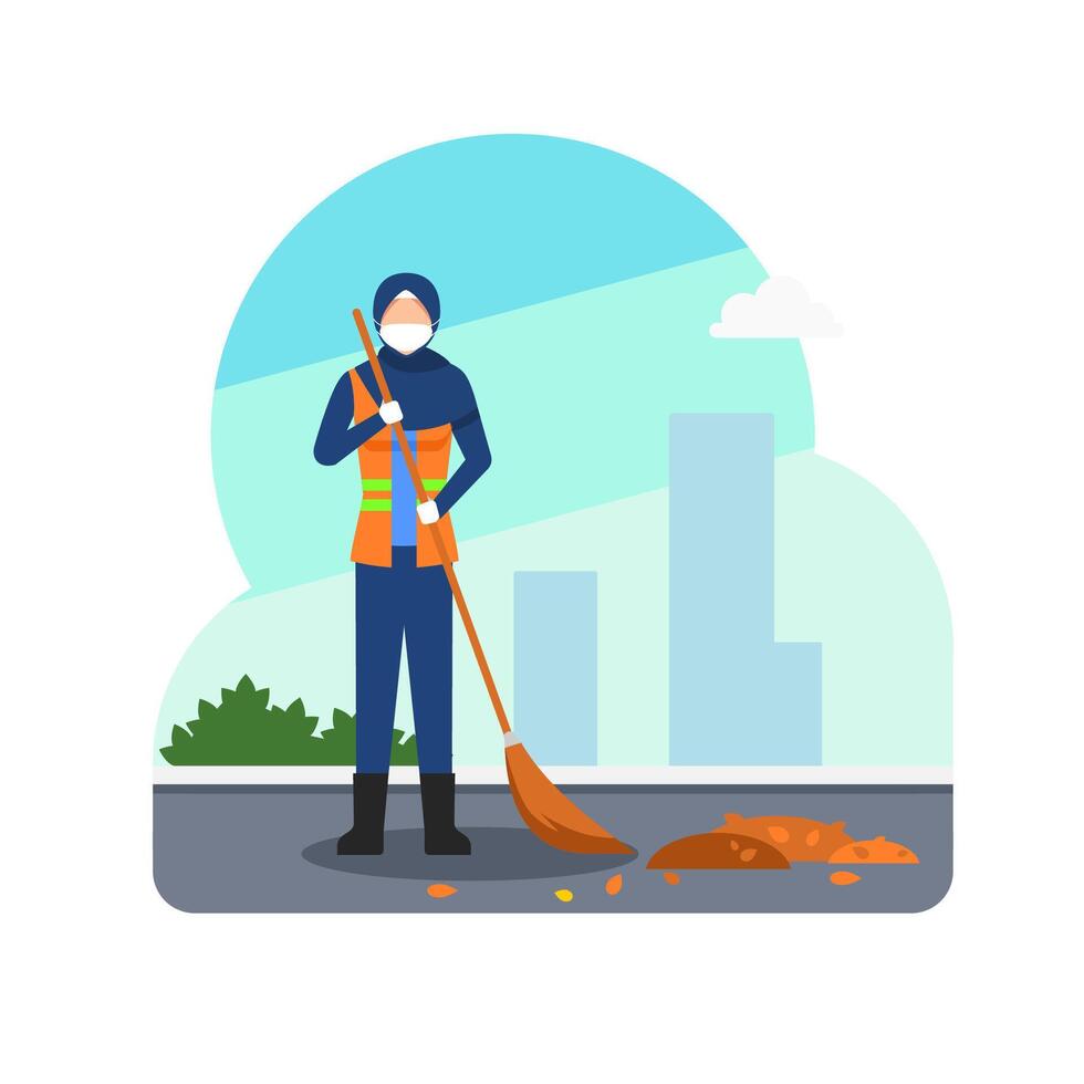 female janitor sweeping and cleaning litter and leaves vector