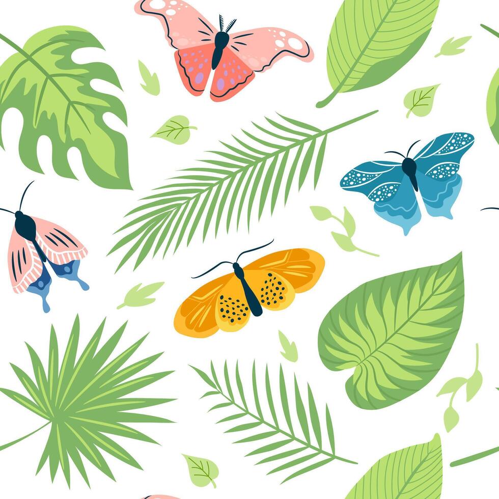 Green tropical leaves and beautiful butterflies seamless pattern. Colorful exotic summer background. vector