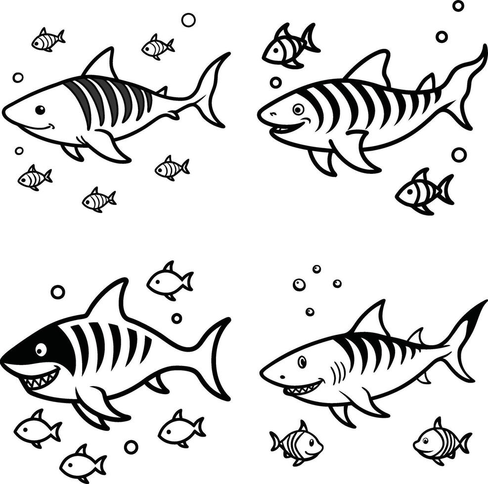 Shark fish group with adorable sea and tropical creatures in an oceanic scene vector