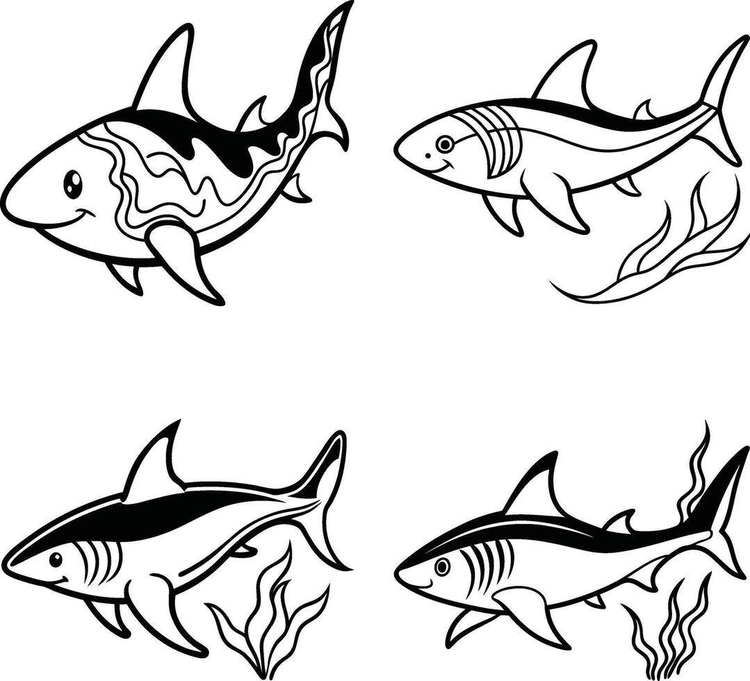 Lovely shark fish pack with tropical and marine animals in an underwater setting vector