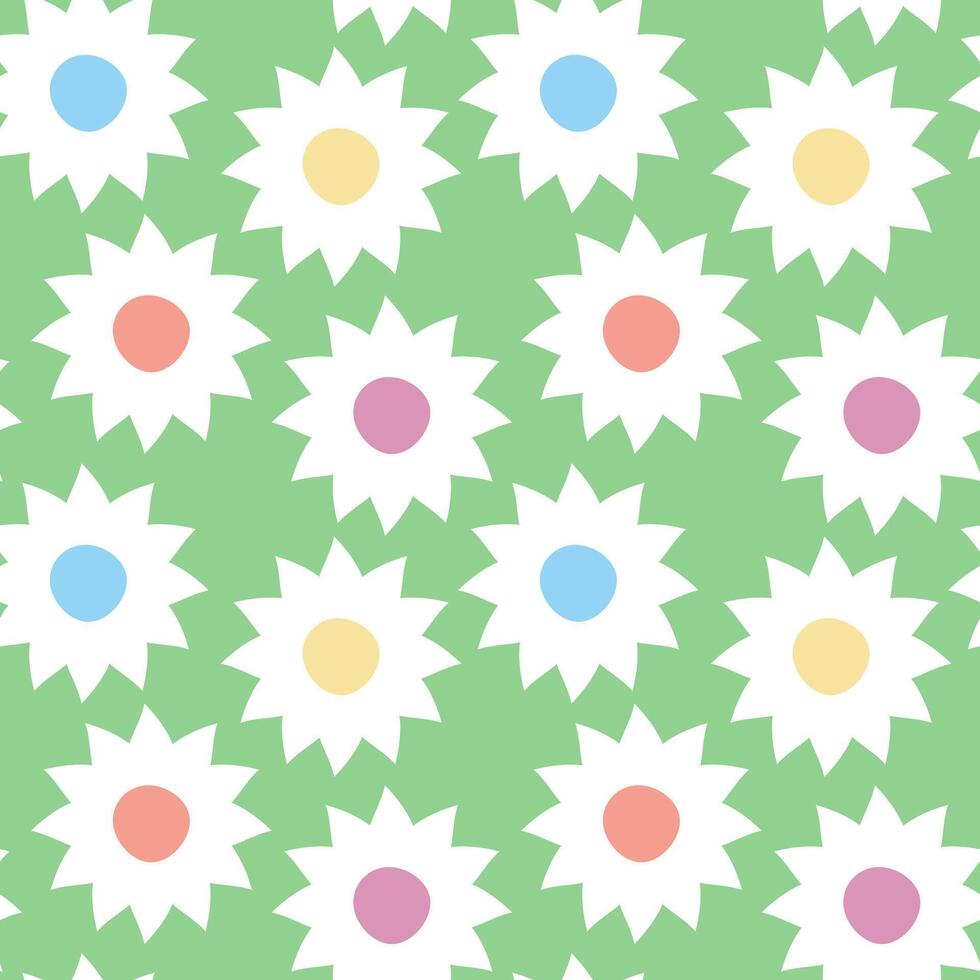 Naive seamless pattern with flowers on green background in doodle style. vector