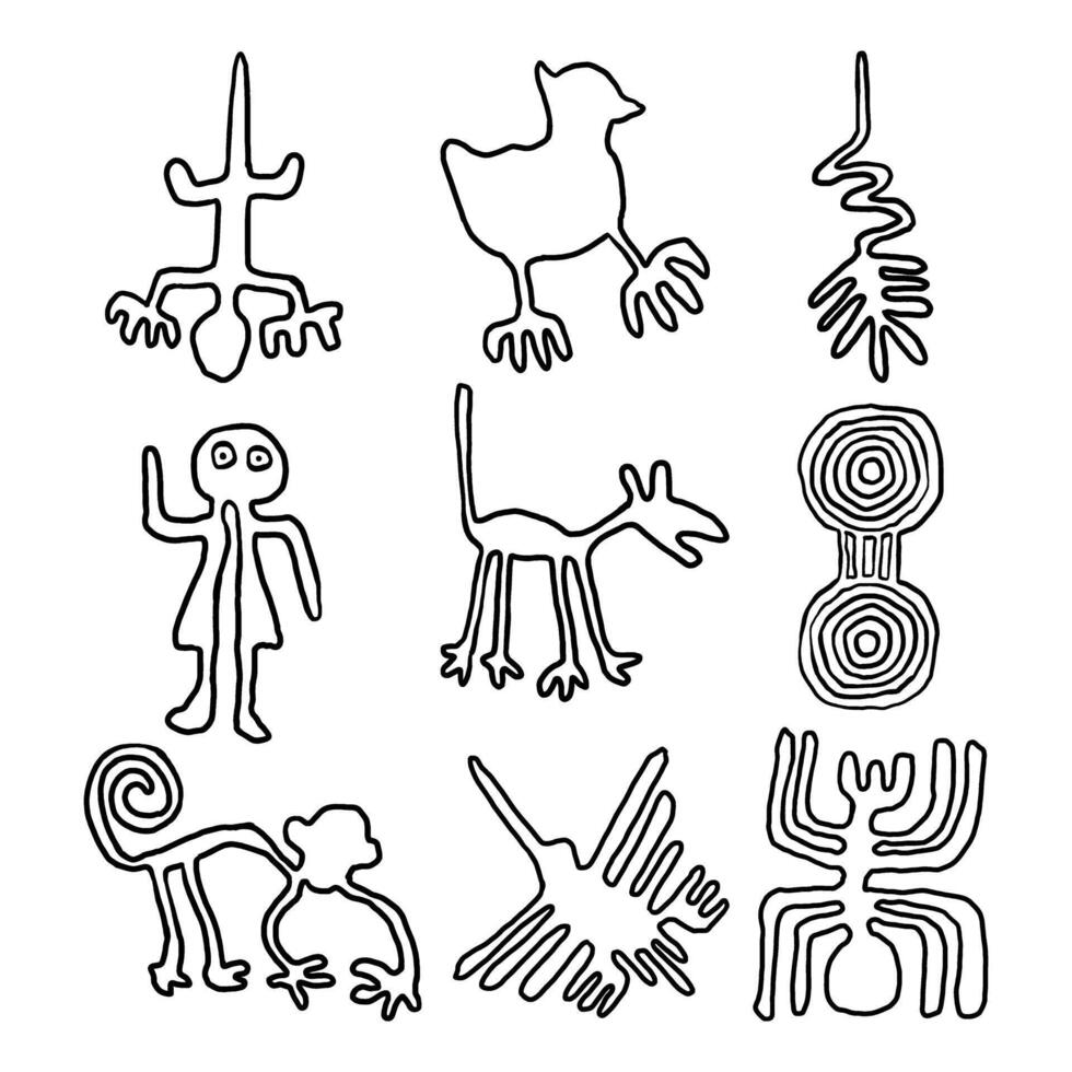 Set of Black Line Doodle Art Elements on White Background. illustration about Nazca. vector