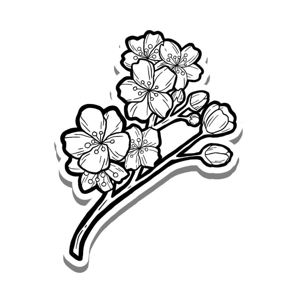 Small Branch Sakura Outline on white silhouette and gray shadow. Hand drawn cartoon style. illustration for decorate, coloring and any design. vector